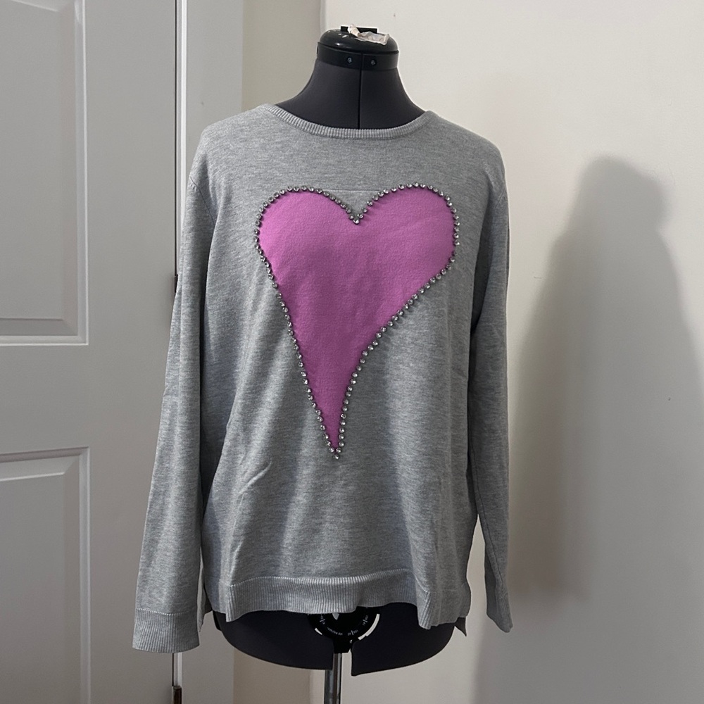 Magaschoni Light Gray Knit Sweater Rhinestone Heart Valentine’s